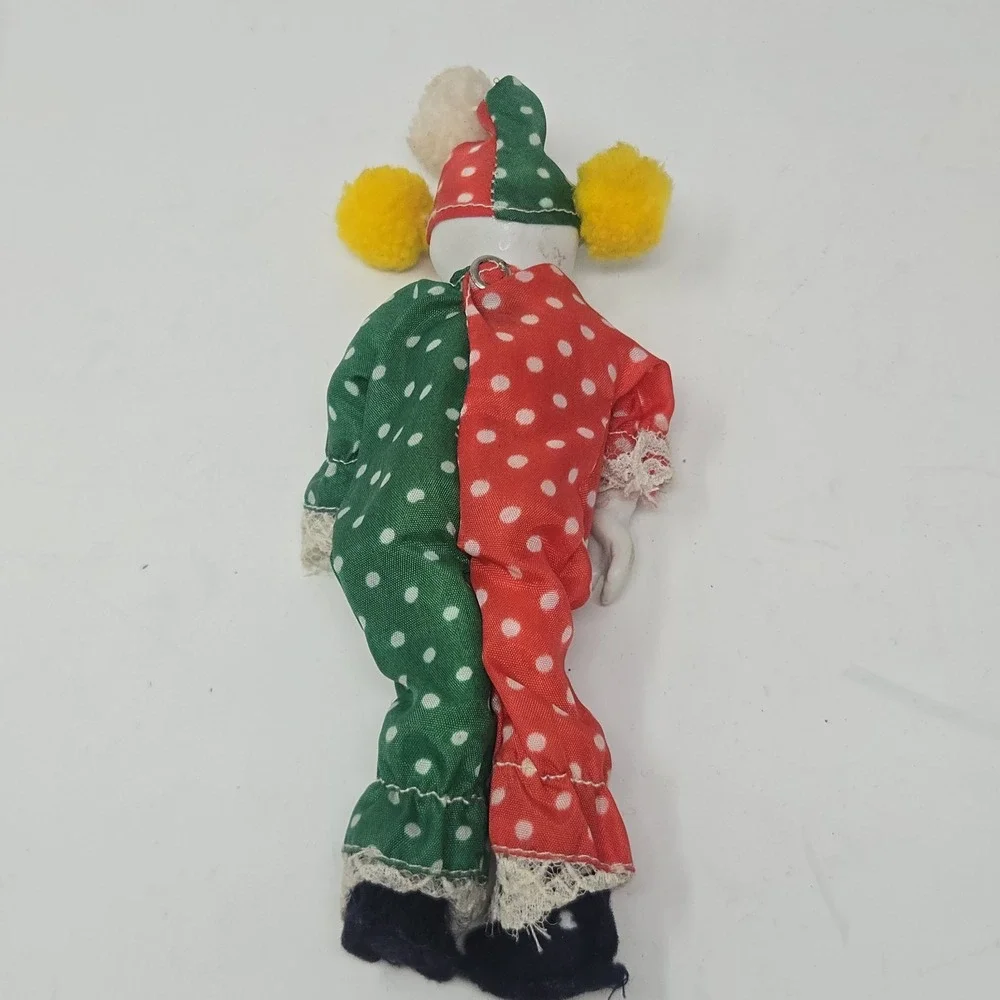 Vintage Bisque Porcelain Head Clown Doll Harlequin Red Green Polka Dot Outfit